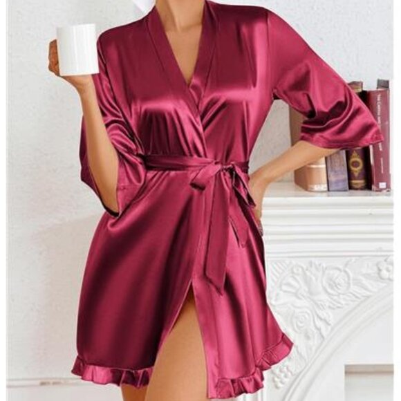 Women’s Wine Red Satin Kimono Robe Short Silk Feel Bridal Robe with Ruffled Hem - Picture 5 of 5